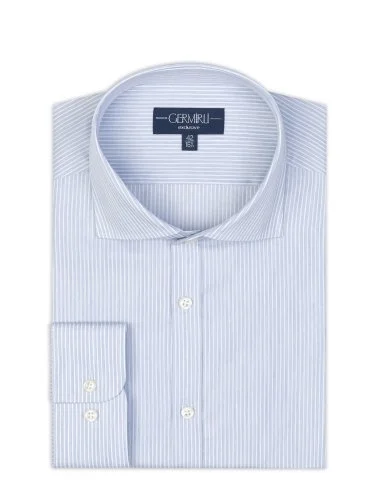 Germirli Exclusive İtalyan Yaka Mavi Çizgili Albini Tailor Fit Tencel Gömlek - 1