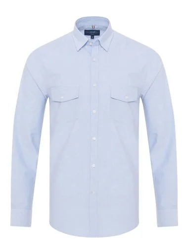 Germirli Gök Mavi Gizli Düğmeli Yaka Kapak Cepli Tailor Fit Spor Oxford Erkek Gömlek - 1