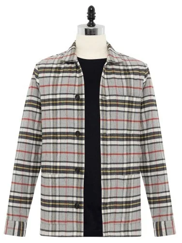 Germirli Gri Beyaz Ekose Kapitone Dikişli Flanel Thomas Mason Tailor Fit Rahat Kalıp Ceket Gömlek - 1