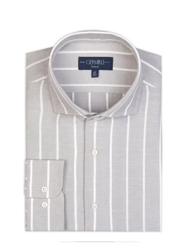 Germirli Gri Kalın Çizgili Nevapas Lapel Yaka Lyocell Keten Gömlek - 2