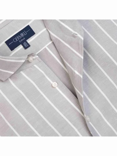 Germirli Gri Kalın Çizgili Nevapas Lapel Yaka Lyocell Keten Gömlek - 1