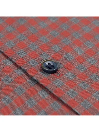 Germirli Gri Kırmızı Düğmeli Yaka Albini Tailor Fit Rahat Kalıp Damalı İnce Flanel Gömlek - 4