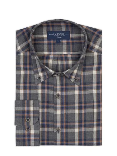 Germirli Gri Lacivert Ekoseli Flanel Düğmeli Yaka Tailor Fit Pamuk Gömlek - 1