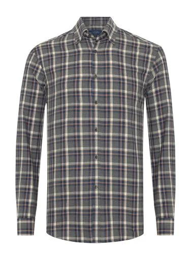 Germirli Gri Lacivert Ekoseli Flanel Düğmeli Yaka Tailor Fit Pamuk Gömlek - 1