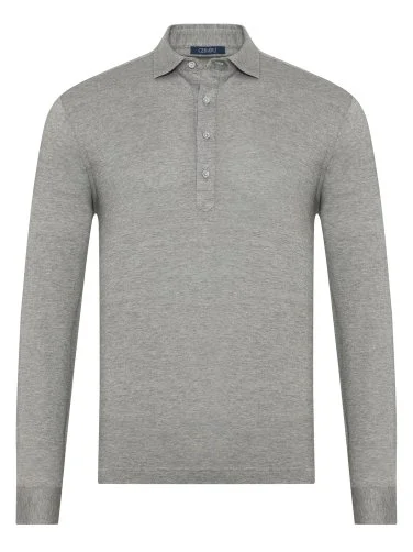 Germirli Gri Piquet Gömlek Yaka Regular Fit Uzun Kollu Tişört - 1