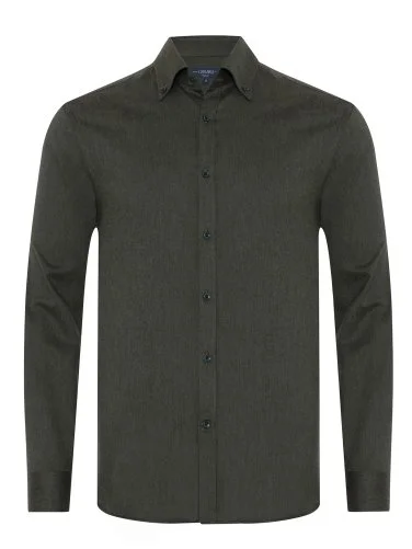 Germirli Haki Tailor Fit Düğmeli Yaka Flanel Gömlek - 1