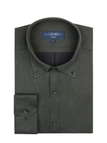 Germirli Haki Tailor Fit Düğmeli Yaka Flanel Gömlek - 2