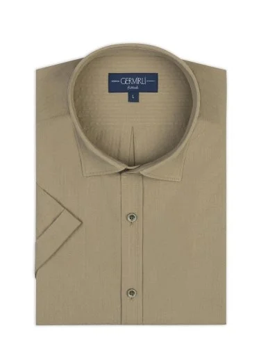 Germirli Haki Tailor Fit Soft Yaka Seersucker Erkek Kısa Kollu Pamuk Gömlek - 2