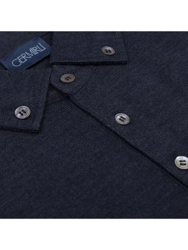 Germirli İndigo Mavi Düğmeli Gömlek Yaka Regular Fit Extra Fine Yün Triko - 2