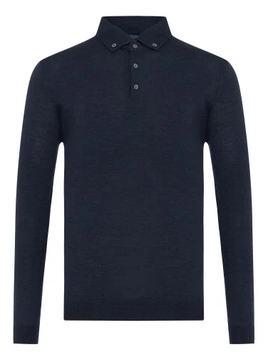 Germirli İndigo Mavi Düğmeli Gömlek Yaka Regular Fit Extra Fine Yün Triko - 1