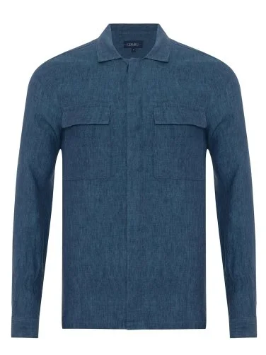 Germirli Indigo Mavi Gizli Düğme Delave Keten Tailor Fit Ceket Gömlek - 2