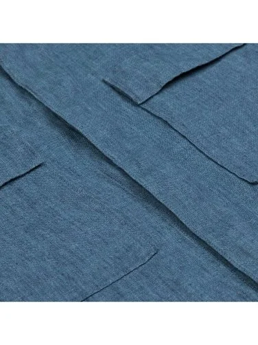 Germirli Indigo Mavi Gizli Düğme Delave Keten Tailor Fit Ceket Gömlek - 3