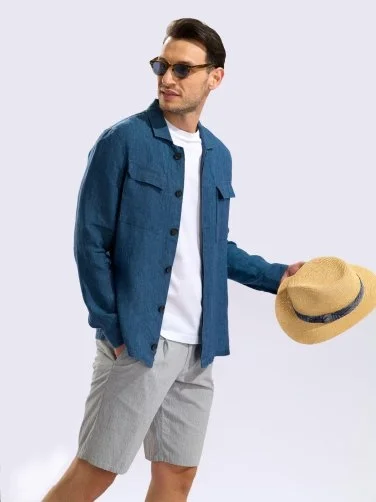 Germirli Indigo Mavi Gizli Düğme Delave Keten Tailor Fit Ceket Gömlek - 4