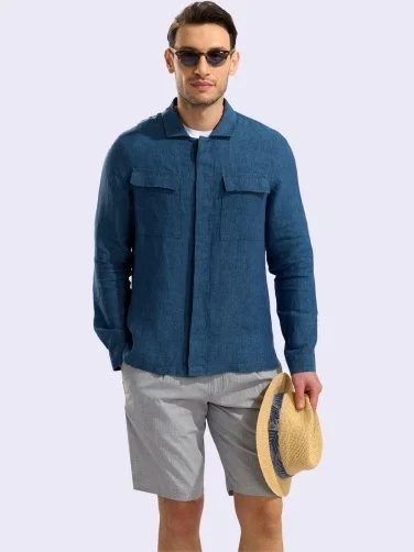 Germirli Indigo Mavi Gizli Düğme Delave Keten Tailor Fit Ceket Gömlek - 5