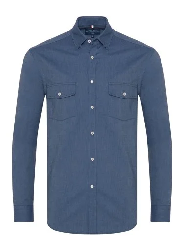 Germirli İndigo Mavi Gizli Düğmeli Yaka Kapak Cepli Tailor Fit Spor Oxford Erkek Gömlek - 1