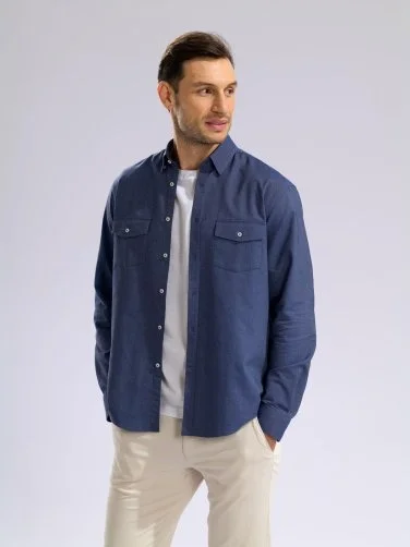 Germirli İndigo Mavi Gizli Düğmeli Yaka Kapak Cepli Tailor Fit Spor Oxford Erkek Gömlek - 2