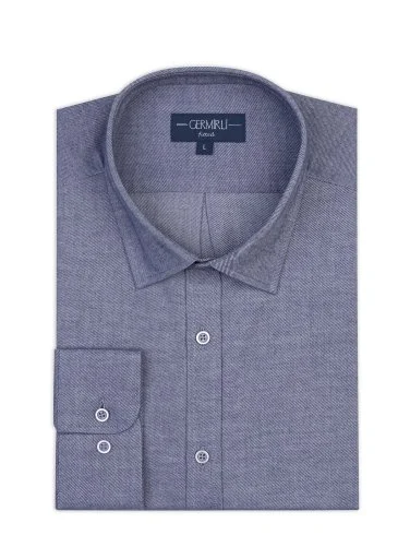 Germirli Indigo Rengi Flanel Tailor Fit Soft Yaka Pamuk Gömlek - 1