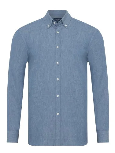 Germirli İndigo Soft Yaka Tailor Fit Denim Pamuk Gömlek - 1
