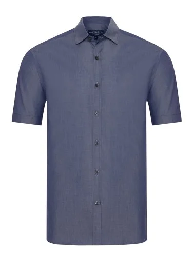 Germirli Indigo Soft Yaka Tailor Fit Kısa Kollu Pamuk Gömlek - 1