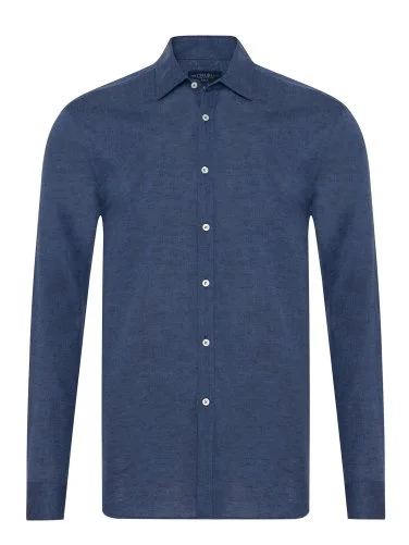 Germirli Indigo Soft Yaka Tailor Fit Pamuk Keten Gömlek - 1