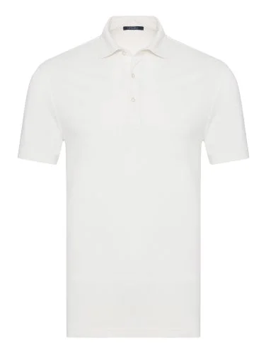 Germirli Kırık Beyaz Piquet Gömlek Yaka Regular Fit Merserize Pamuk İpek Tişört - 1