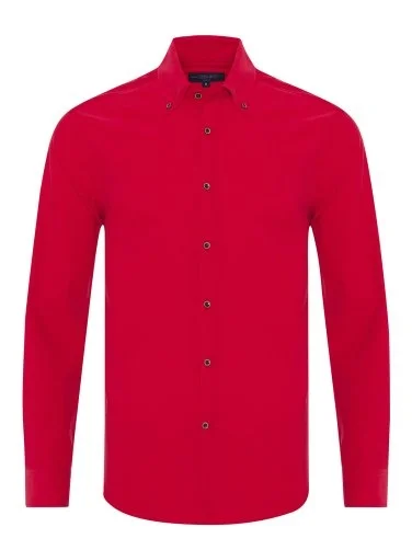 Germirli Kırmızı Düğmeli Yaka Tailor Fit Flanel Kadife Gömlek - 1