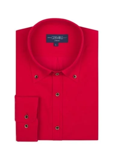 Germirli Kırmızı Düğmeli Yaka Tailor Fit Flanel Kadife Gömlek - 2