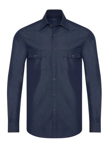 Germirli Koyu Lacivert Çift Cep Kapaklı Soft Yaka Tailor Fit Selvedge Denim Gömlek - 1