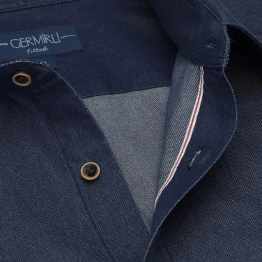 Germirli Koyu Lacivert Çift Cep Kapaklı Soft Yaka Tailor Fit Selvedge Denim Gömlek - 2