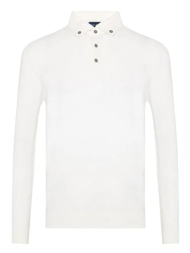 Germirli Krem Rengi Düğmeli Gömlek Yaka Regular Fit Extra Fine Yün Triko - 1