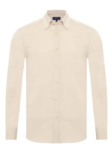 Germirli Krem Rengi İnce Kadife Albini Düğmeli Yaka Tailor Fit Saf Pamuk Gömlek - 1