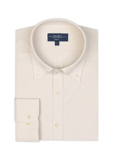 Germirli Krem Rengi İnce Kadife Albini Düğmeli Yaka Tailor Fit Saf Pamuk Gömlek - 2