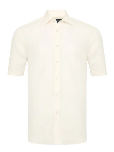 Germirli Krem Rengi Soft Yaka Tailor Fit Kısa Kol Tencel Keten Gömlek - 1