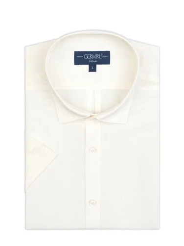 Germirli Krem Rengi Soft Yaka Tailor Fit Kısa Kol Tencel Keten Gömlek - 2