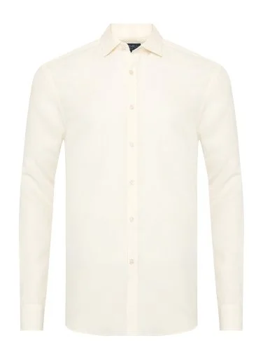 Germirli Krem Rengi Soft Yaka Tailor Fit Tencel Keten Gömlek - 1