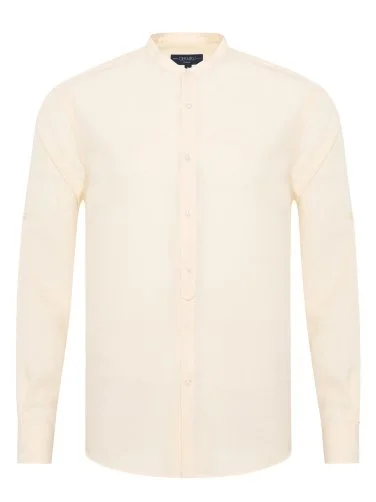 Germirli Krem Rengi Tailor Fit Erkek Hakim Yaka Lyocell Keten Gömlek - 1