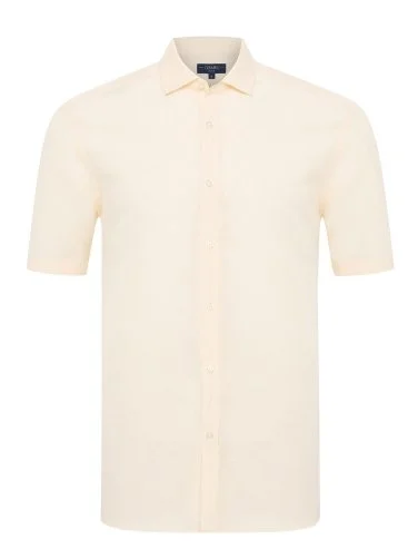 Germirli Krem Rengi Tailor Fit Soft Yaka Lyocell Keten Kısa Kollu Erkek Gömlek - 1