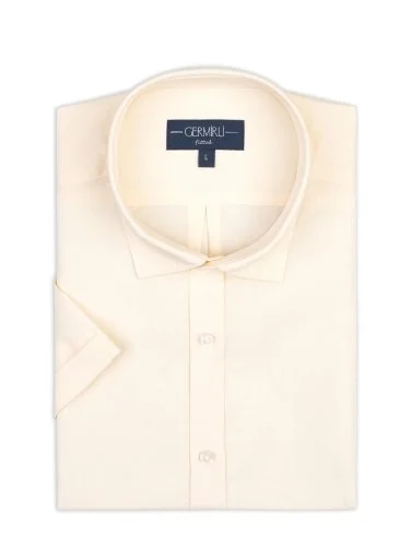 Germirli Krem Rengi Tailor Fit Soft Yaka Lyocell Keten Kısa Kollu Erkek Gömlek - 2