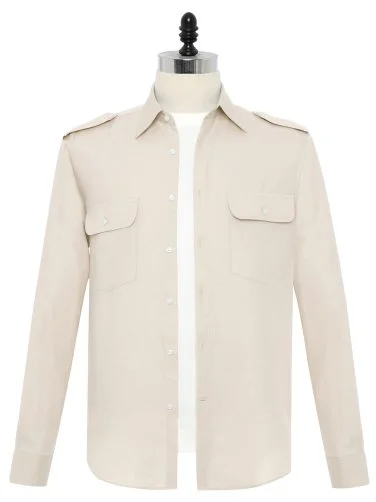 Germirli Kum Beji Rengi Pamuk Tencel Apoletli Kapak Cepli Katlanabilir Kol Merhaba Gömlek - 1