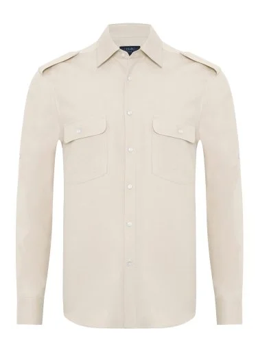 Germirli Kum Beji Rengi Pamuk Tencel Apoletli Kapak Cepli Katlanabilir Kol Merhaba Gömlek - 2