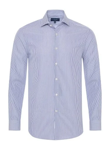 Germirli Lacivert Beyaz Çizgili Tailor Fit 120/2 Journey Twill Non Iron Pamuk İtalyan Yaka Gömlek - 3