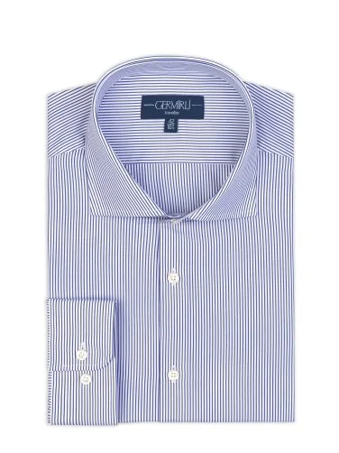 Germirli Lacivert Beyaz Çizgili Tailor Fit 120/2 Journey Twill Non Iron Pamuk İtalyan Yaka Gömlek - 1