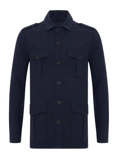 Germirli Lacivert Denim Dokulu Strech Tailor Fit Rahat Kalıp Safari Organik Denim Pamuk Ceket Gömlek - 2