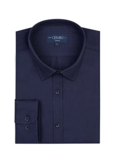 Germirli Lacivert Diagonal Desen Flanel Tailor Fit Soft Yaka Pamuk Gömlek - 1