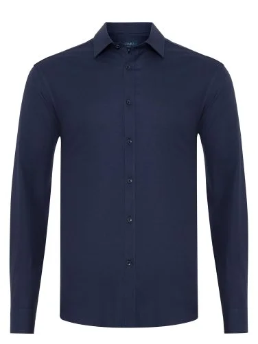 Germirli Lacivert Diagonal Desen Flanel Tailor Fit Soft Yaka Pamuk Gömlek - 1