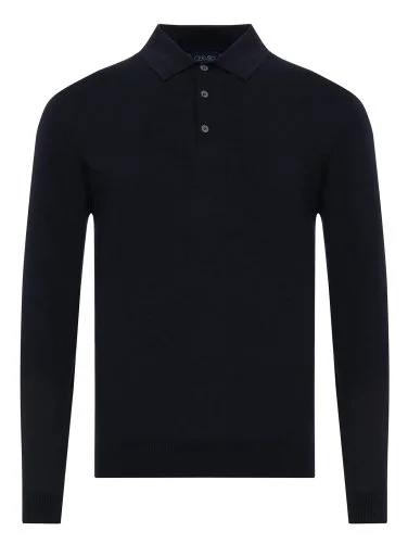 Germirli Lacivert Düğmeli Polo Yaka Regular Fit Extra Fine Yün Erkek Triko - 1