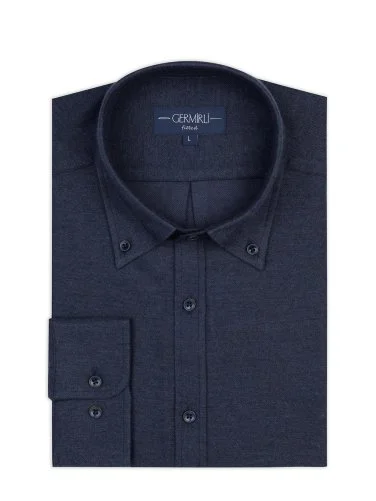 Germirli Lacivert Flanel Düğmeli Yaka Tailor Fit Pamuk Gömlek - 1