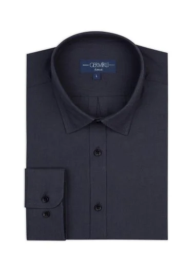 Germirli Lacivert Flanel Tailor Fit Soft Yaka Pamuk Yün Gömlek - 1