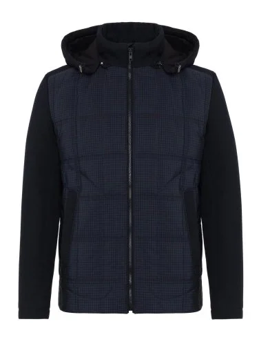 Germirli Lacivert Glencheck Desenli Kapişonlu Triko Kollu Mont - 1