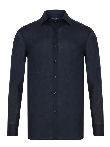 Germirli Lacivert Klasik Yaka Exclusive Tailor Fit Saf Keten Gömlek - 1